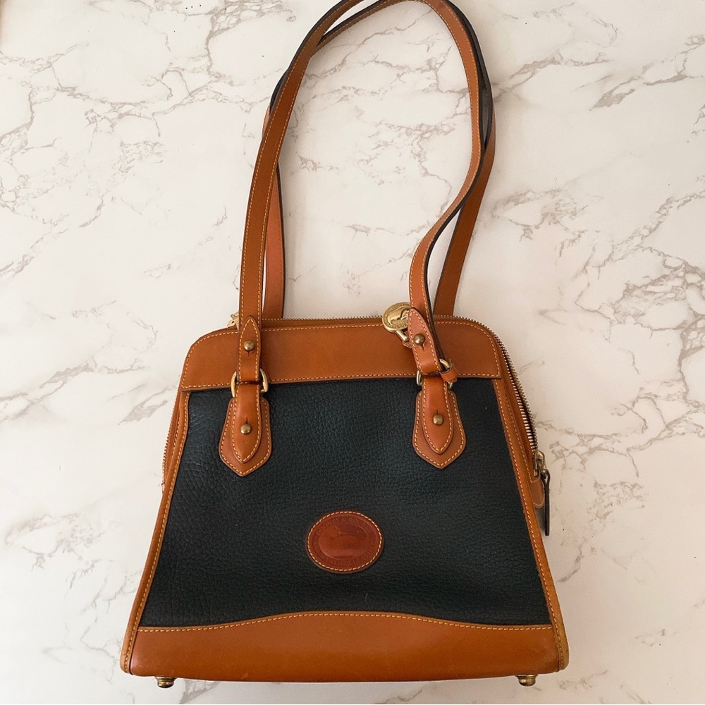 Dooney & Bourke Carpet Shoulder Bag Vintage Navy Blue & Tan Zippered